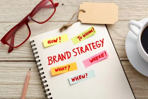 Brand marketing strategy concept with notebook, brand tag and eye glasses on  Stock Photos