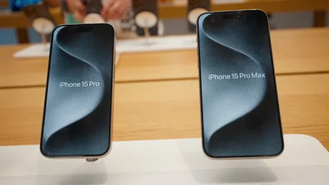 Brand new two iPhone 15 pro models in apple store, Barcelona, Spain 19 Oct 2023 Stock Footage 253601969
