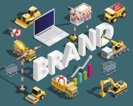 Brand text isometric building concept with construction machinery, marketin.. Stock Illustration