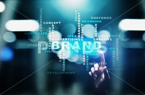 Brand words cloud on virtual screen. Branding, Marketing and Advertising concept Stock Photos