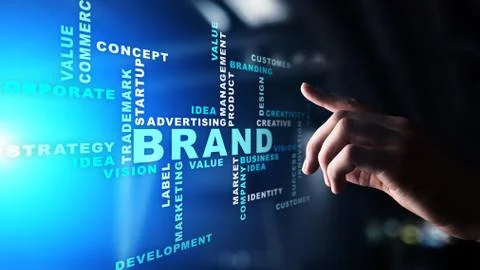 Brand words cloud on virtual screen. Branding, Marketing and Advertising concept Stock Photos