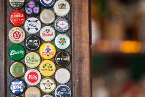 Branded beer bottle caps Stock Photos
