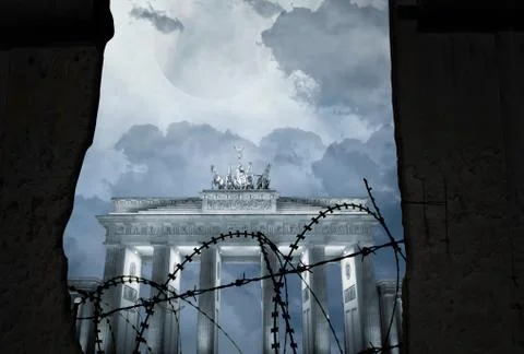 Brandenburg gate behind a wall with barbed wire as a symbol of division Stock Illustration