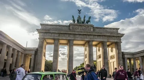 Brandenburg Gate in Berlin, Germany Timelapse Beautiful Sunset Tourism Tourists Stock Footage