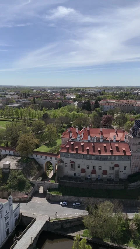 Brandýs nad Labem Castle in spring - Aerial drone view Stock Footage 341434001
