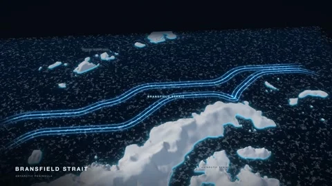 Bransfield Strait 3D White Terrain Relief Map With Glowing Route And Pack Ice Stock-Footage 343394327