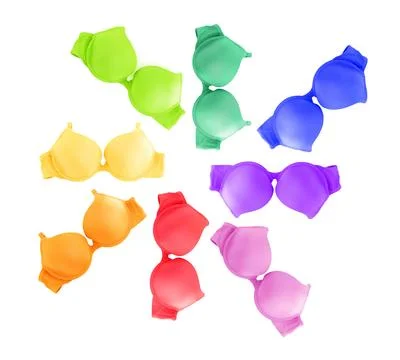 Bras of different colors isolated on white, collage. Top view Stock Photos