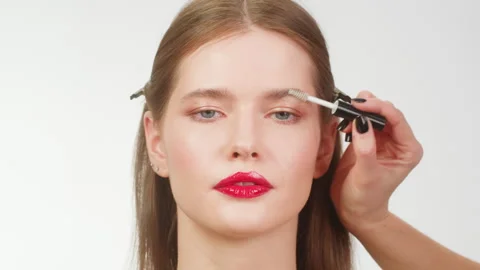 Brashing eyebrows close-up. The master makes permanent eyebrow makeup Stock-Footage 276823534