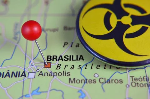 Brasilia marked on map with red pin and signal virus, Brazil Stock Photos