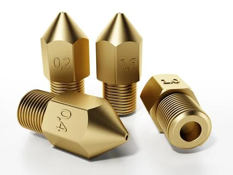 Brass 3D printer nozzles isolated on white background. 3D illustration Stock Illustration