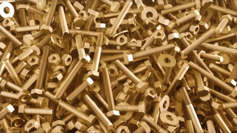 Brass Bolts &amp; Nuts Falling Accurately in a Heap, 4K 3D Animation Stock Footage 307510638