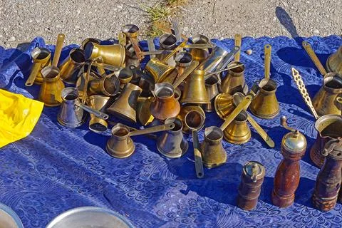 Brass copper coffee pots Stock Photos