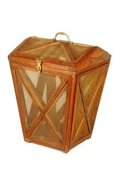 Brass design fitting on wooden basket, Jodhpur, Rajasthan, India Stock Photos
