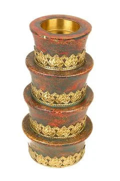 Brass design multicolour fitting on antique wooden candle stand, Jodhpur, R.. Stock Photos