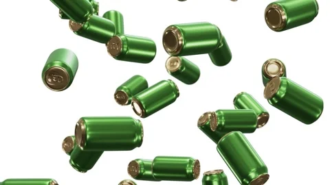 Brass green beer cans falling from the top rendered in UHD Vídeos de archivo 273655198