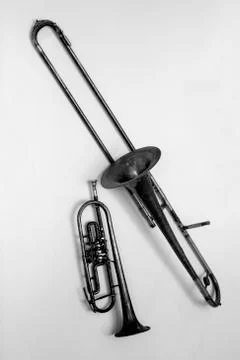 Brass instruments on the wall Stock Photos