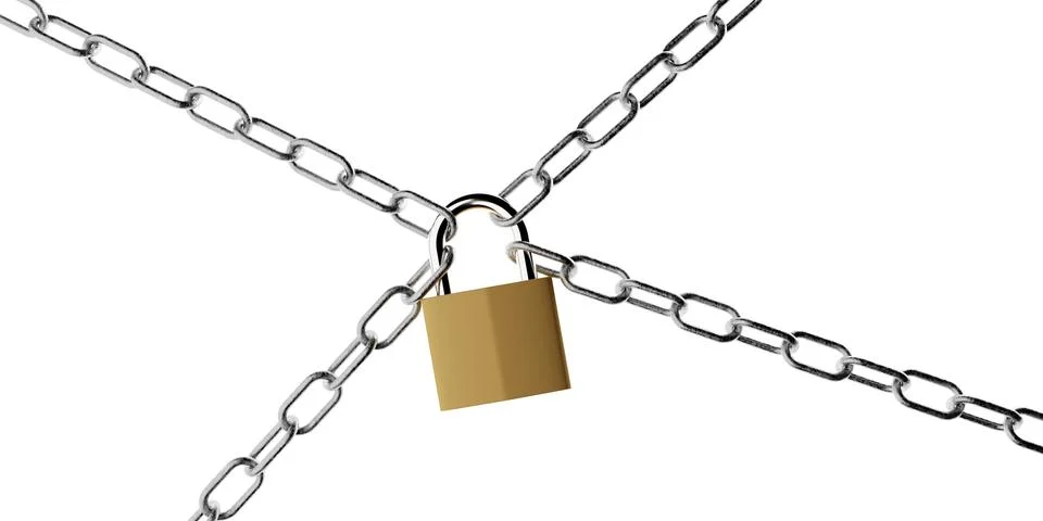 Brass padlock connecting four chains isolated on white background, business.. Stock Illustration