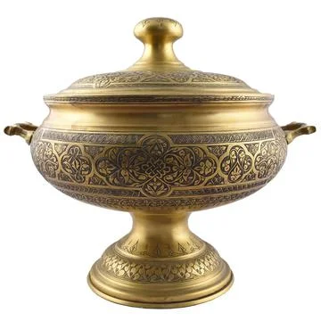 Brass Pot Engraved Old Bowl Decorative Interior Art Ancient Style Isolated Stock Photos