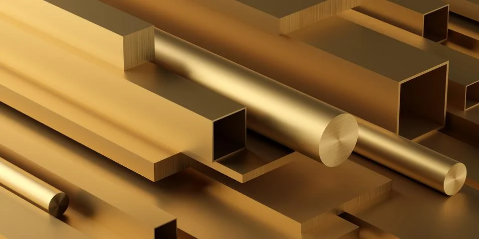 Brass profiles stack or heap frame filling background, metal manufactoring or Stockillustratie