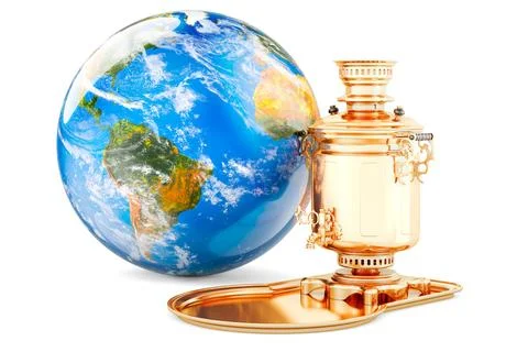 Brass Samovar with Earth Globe. 3D rendering Stock Illustration