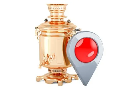 Brass Samovar with map pointer. 3D rendering Illustration