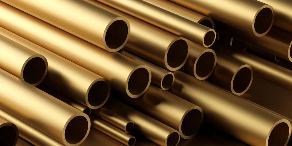 Brass tube profiles stack or heap frame filling background, metal manufactori 库存插图
