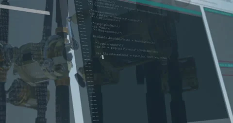 Brass valve assembly being rendered in 3D scene, with black hoses, pipes, code Stock Footage 308603097