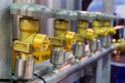 Brass valves for oxygen. Stock Photos