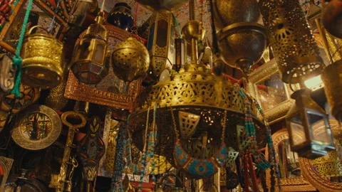 Brassware store in Morocco shining Stock Footage 270452319