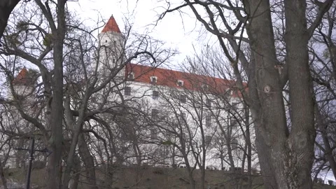 Bratislava castle on a hill through leafless tree branches, Slovakia. Stock Footage 172157808