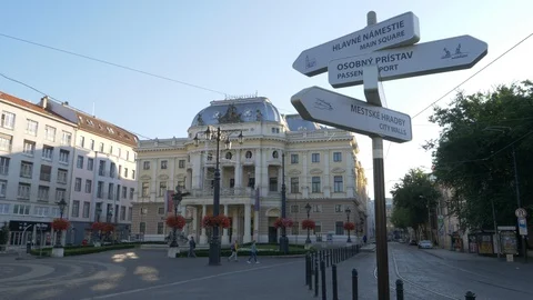 Bratislava, Old Town square. Signs and National Theatre Stock Footage