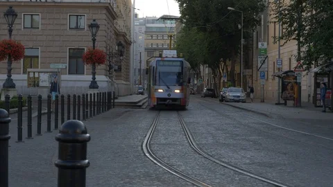 Bratislava, Old Town square, tram passing by camera Stock Footage 115845385