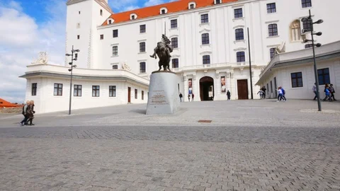 Bratislava, Slovakia, pan of the square in front the Bratislava Castle Stock Footage 108368455