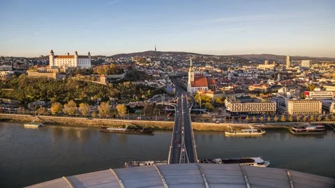 Bratislava, Slovakia - Panoramic View with the Castle and Old Town as Seen from Stock Footage 133825151
