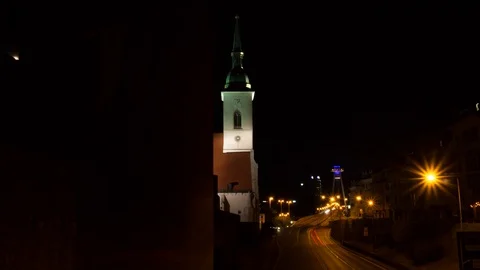 Bratislava, Slovakia- St. Martin's Cathedral at Night Hyperlapse Stock Footage 113930053