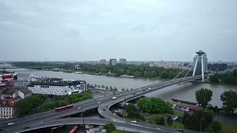 Bratislava view from the observation deck on the bridge and the road Stock Footage 248253870