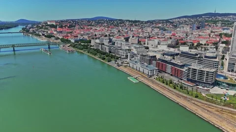 Bratislava waterfront view along the Danube River on a sunny day Stock-Footage 337879416