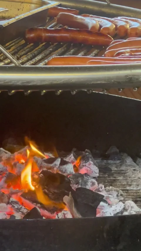 Bratwurst’s cooking on open BBQ - vertical video Stock Footage 325512461