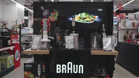 Braun brand stand in a household appliances store. Minsk, Belarus, 2024 Stock Footage 261696011