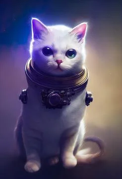 Brave cat astronaut at the discover new planet. Animals in space. Portrait of Illustrazione stock
