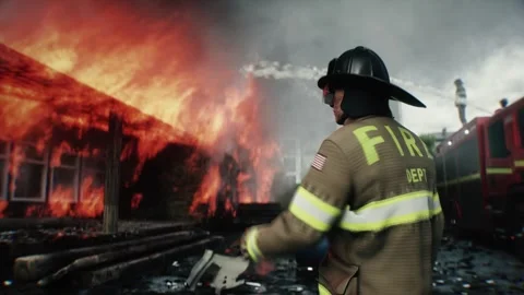 Brave Firefighter Approaching Burning House Surrounded by Flames. 스톡 동영상 336515985