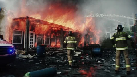 Brave Firefighter Approaching Burning House Surrounded by Flames. 動画素材 336515987