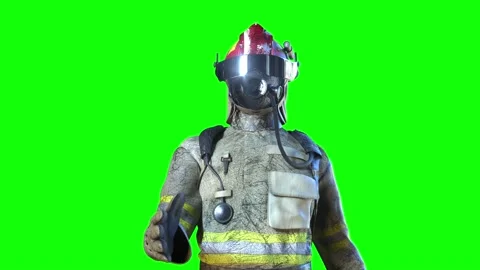 Brave fireman 3d render on green background Stock Footage 132054314