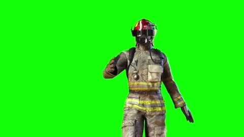 Brave fireman 3d render on green background Stock Footage 132054340
