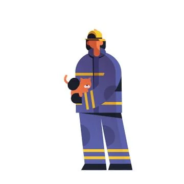 Brave fireman rescuing cat firefighter wearing uniform and helmet firefightin Stock Illustration