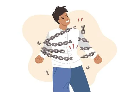 Brave man breaks chains symbolizing NDA contract in business, wanting to restore Stock Illustration