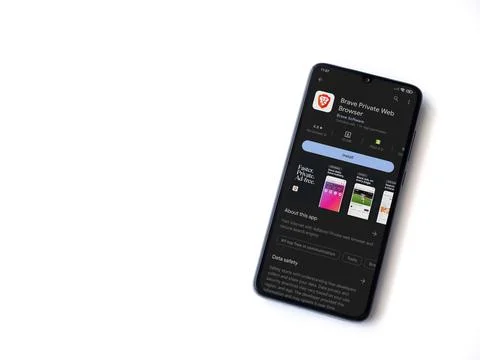 Brave Private Browser app play store page on smartphone on white background Stock Photos