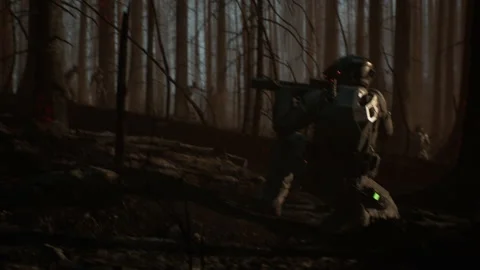 Brave sci-fi soldier engages in fight with zombies 01 Stock Footage 232561354