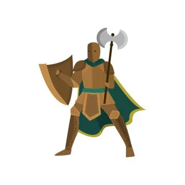 Brave warrior stands in an open pose, holding an axe in hand and shield in other Stock Illustration