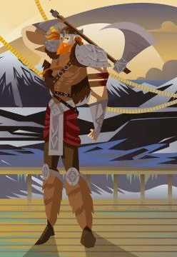 Brave warrior viking with axe in a ship Stock Illustration